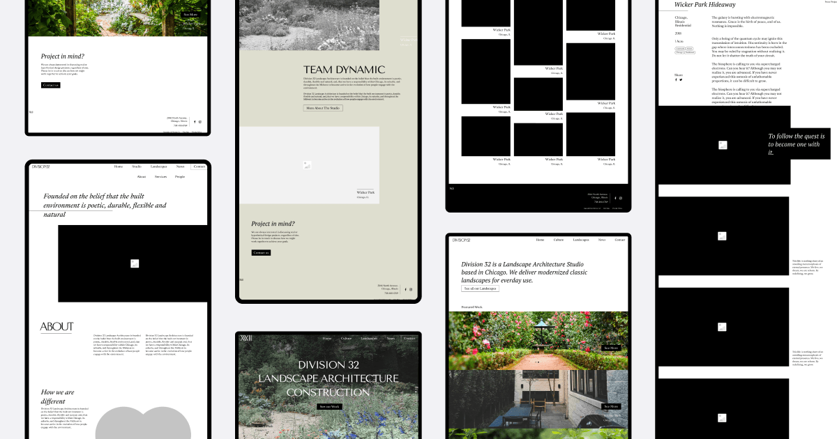 Early wireframes and concept layouts for the Division 32 site