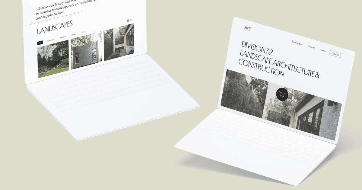 Final Division 32 Landscapes website — homepage and portfolio