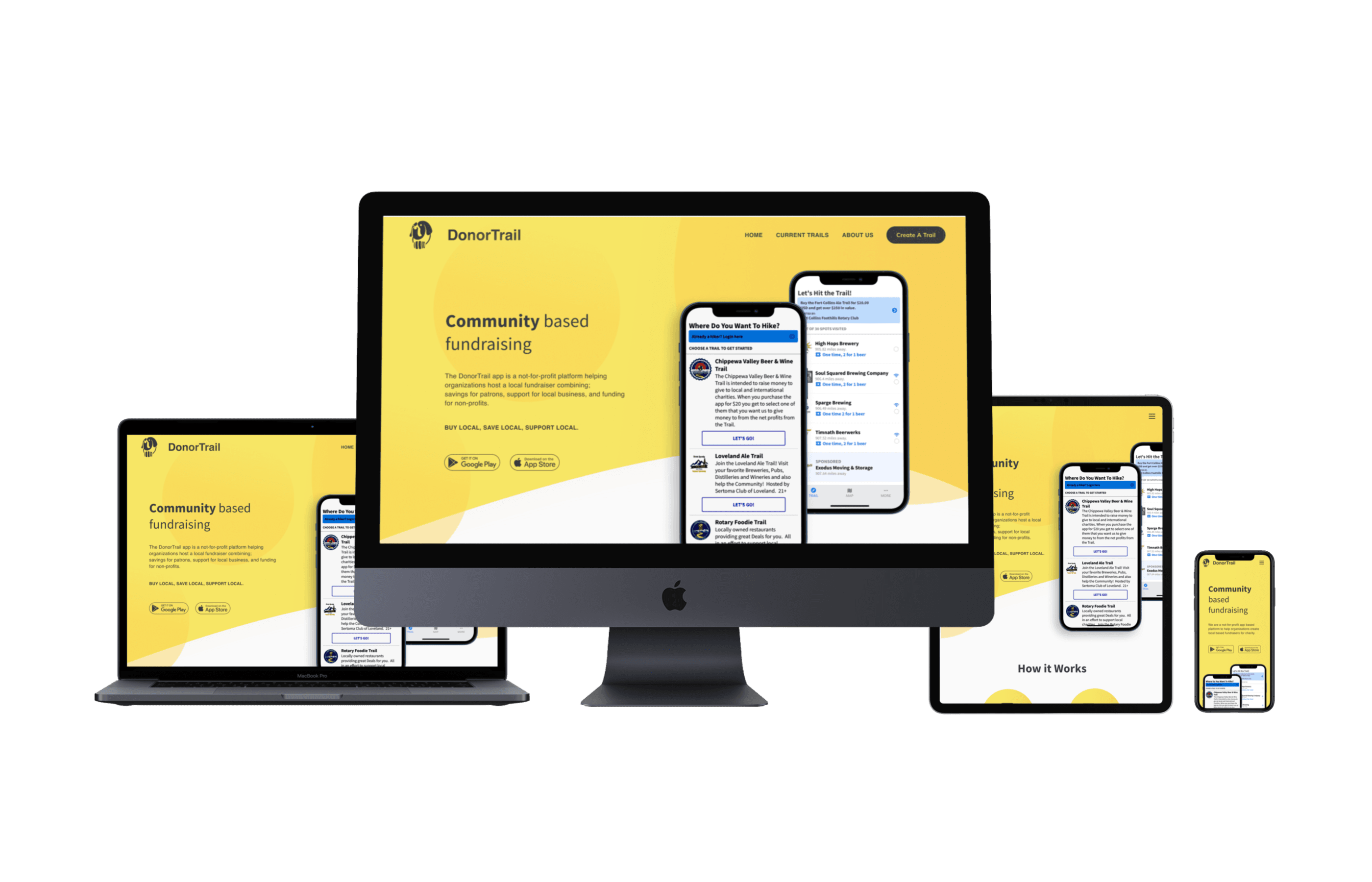 Responsive mockup showing the redesigned DonorTrail landing page across devices