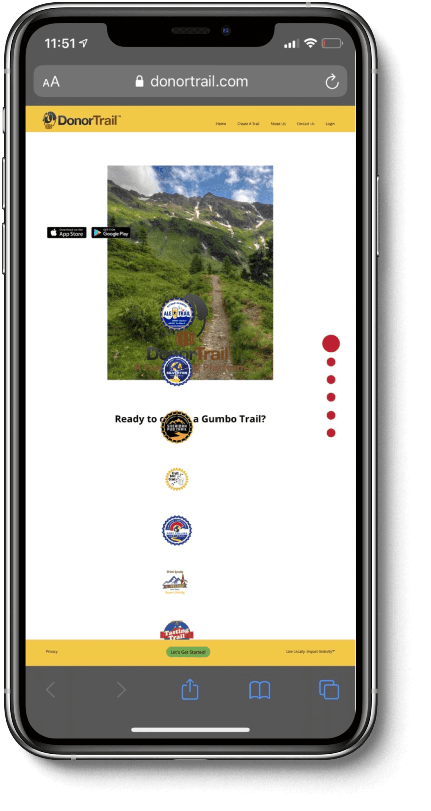 Final mobile mockup of the DonorTrail landing page