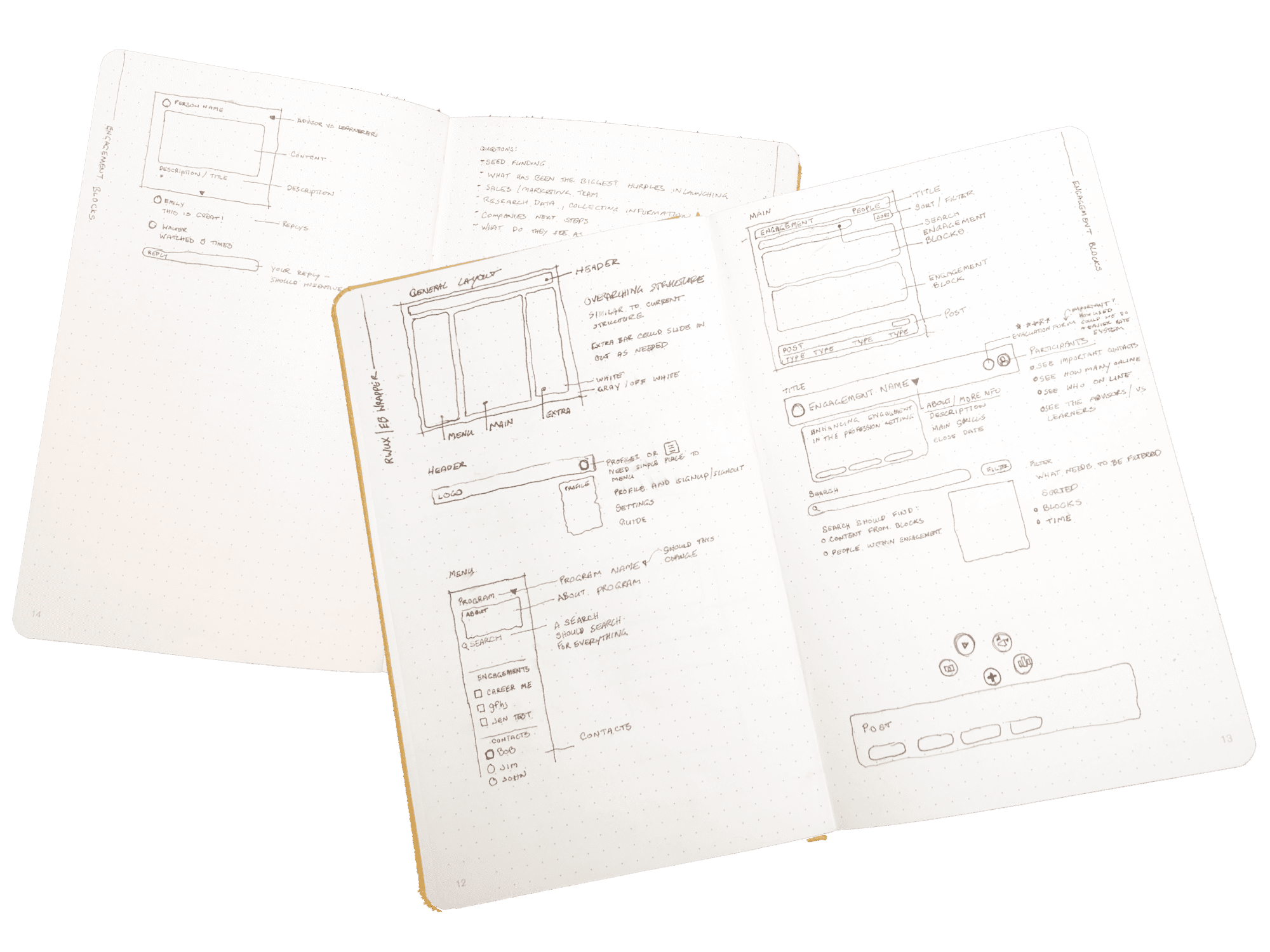 Early wireframe sketches exploring timeline layout concepts